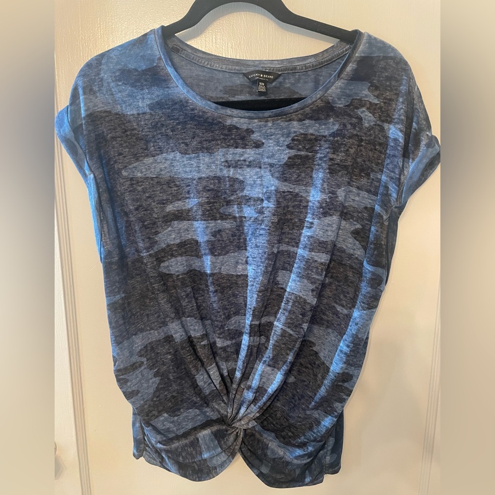 Lucky Brand Blue Black Tie Front Cap Sleeve Tee